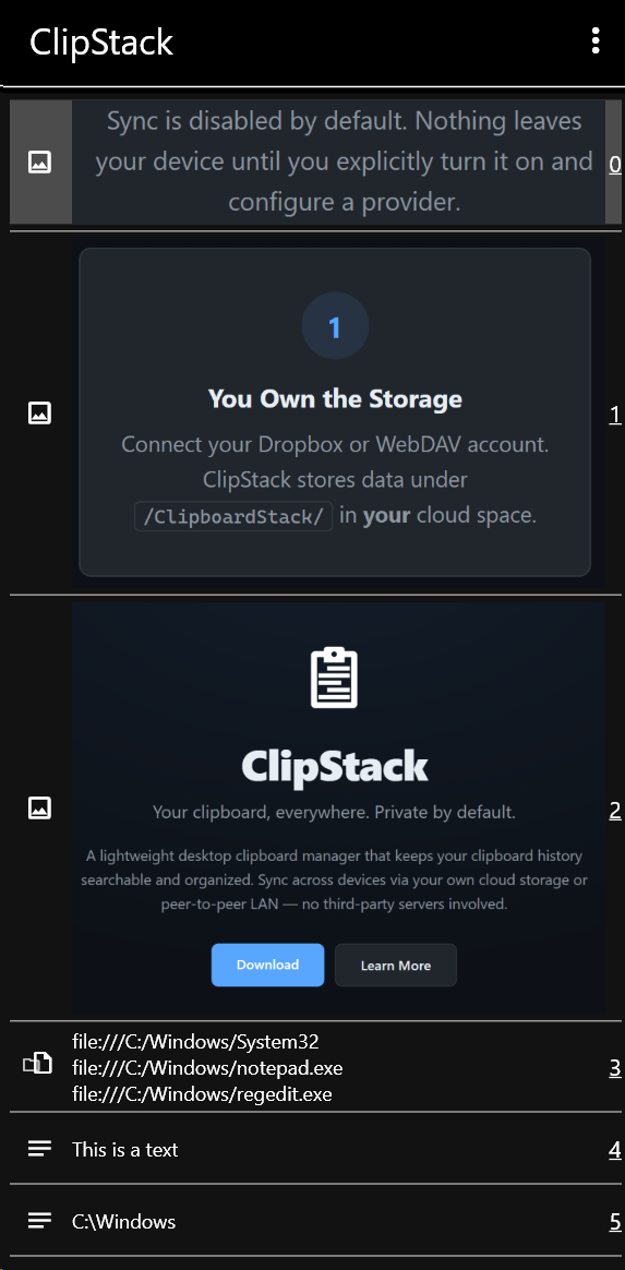 Clipboard history list